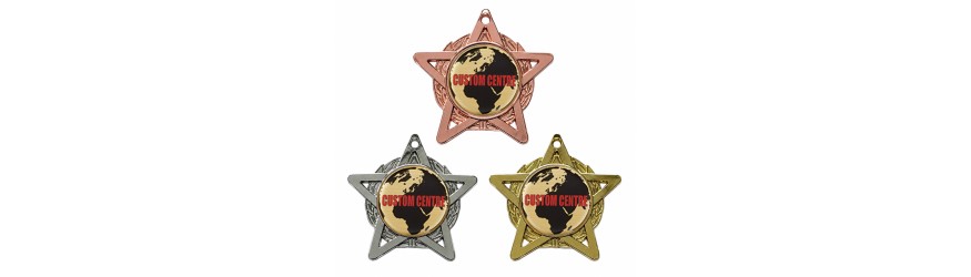 CUSTOM DOMED CENTRE MEDAL - 50MM STAR - GOLD, SILVER OR BRONZE CUSTOM DOMED CENTRE MEDAL - 50MM STAR - GOLD, SILVER OR BRONZE